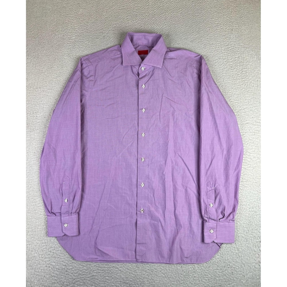 Isaia Dress Shirt Mens Large Purple Check Regular Fit Made In Italy Napoli